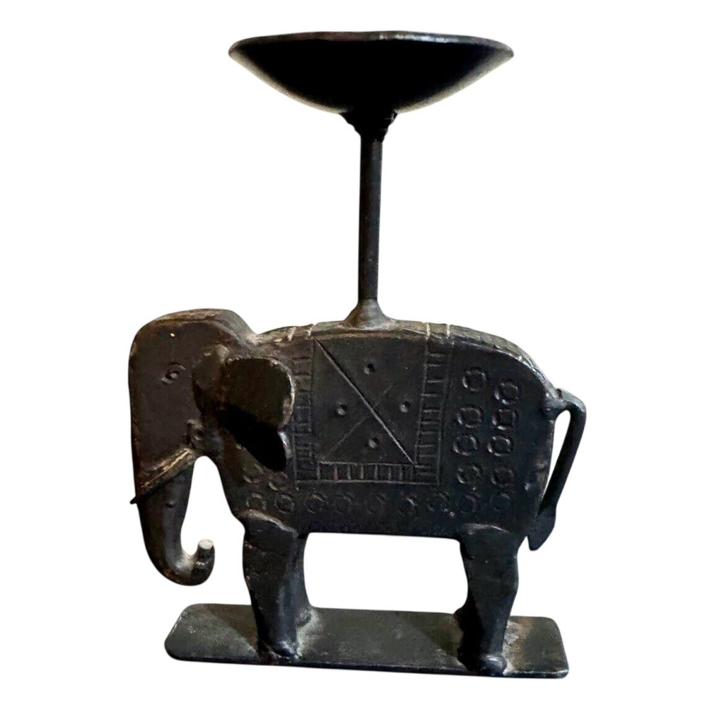 Vintage Black Metal Elephant Taper Candle Holder with Drip Pan Dish, 7 in Tall